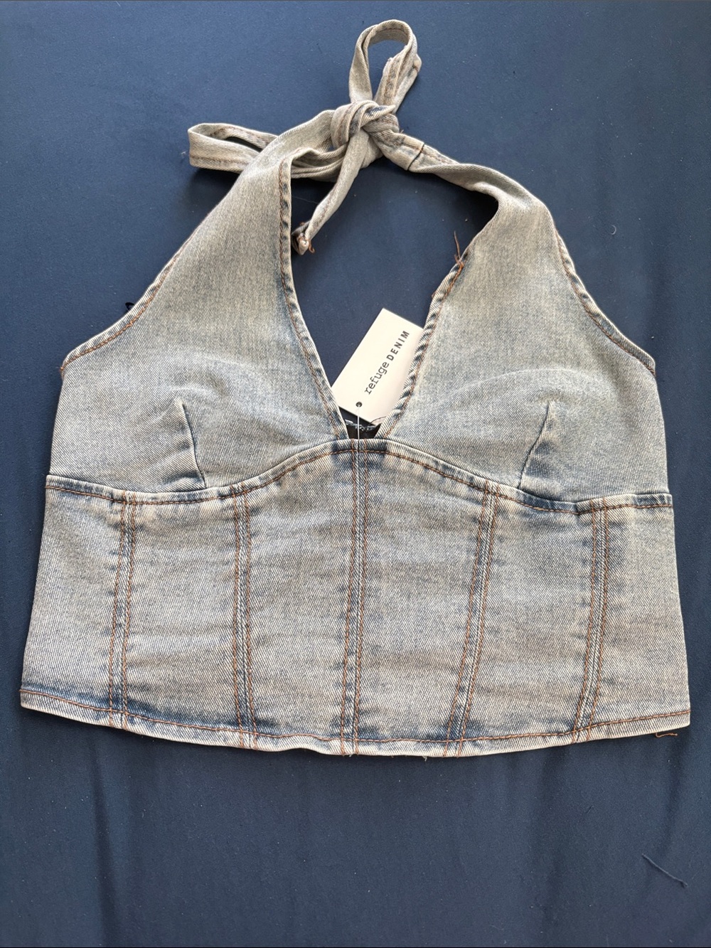 Washed Denim Halter Crop Top